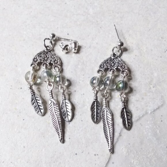 Handmade & Unique! Feathers + Shimmering Beads! Boho Dangle Chandelier Earrings - Picture 2 of 6